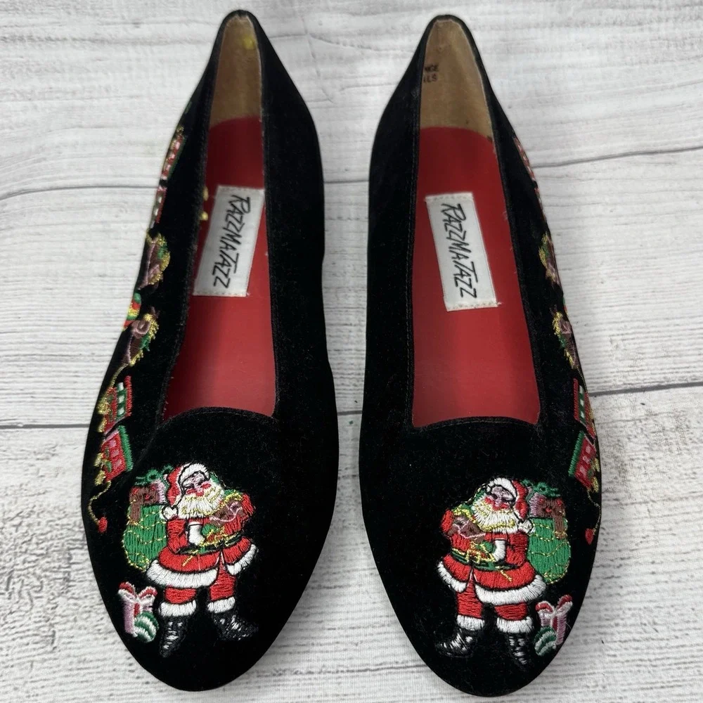 Razzmatazz Girls‎ Black Velvet Christmas Embroidered Santa Flats Size 4